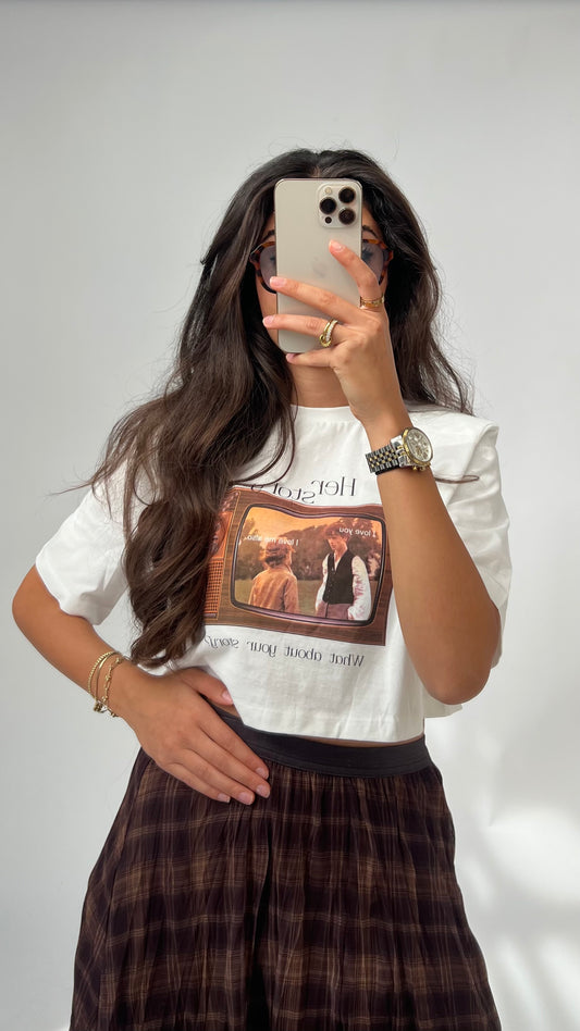 Weißes Crop T-Shirt mit Retro-Print