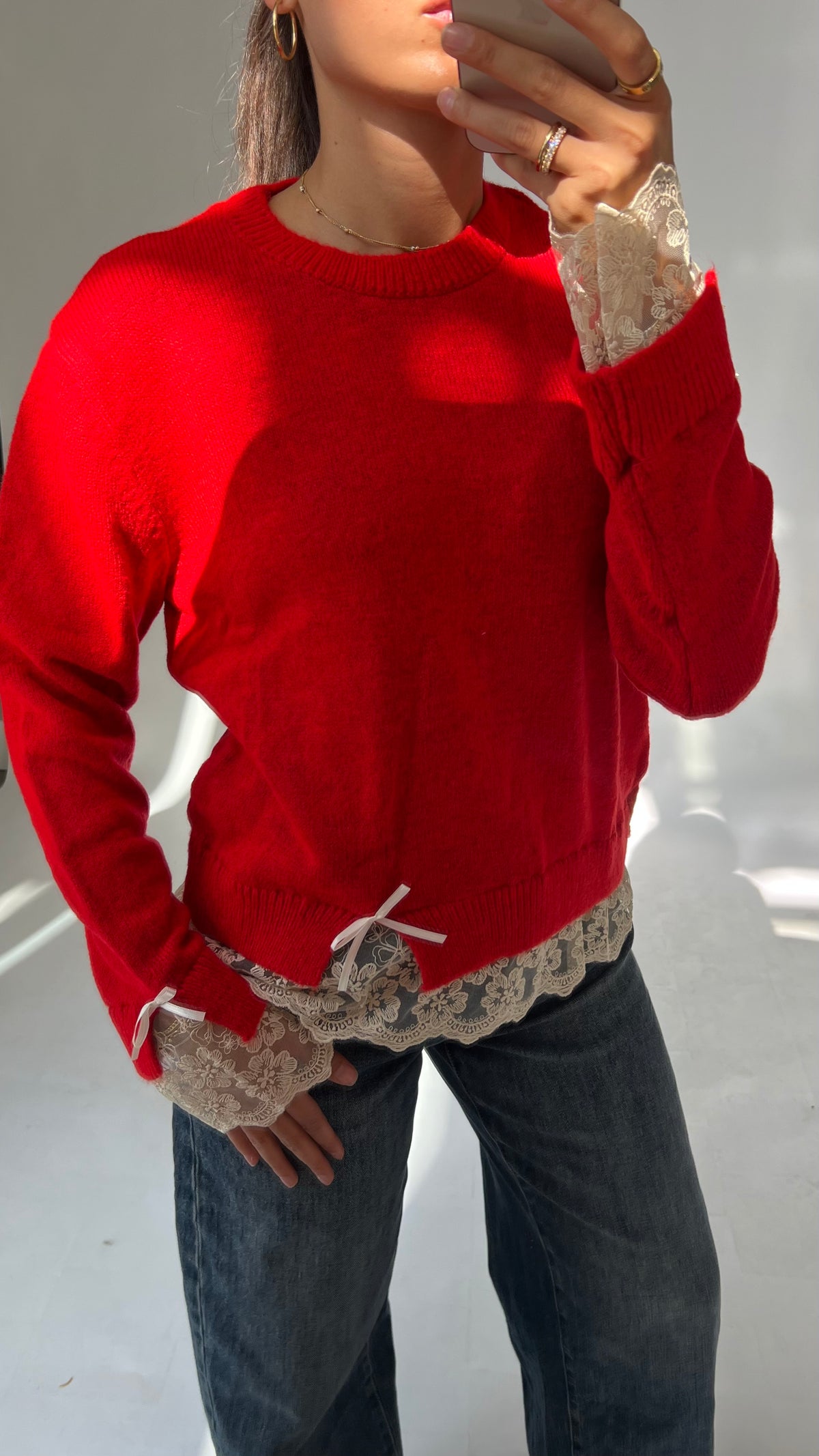Strickpullover mit Spitze & Schleifendetail