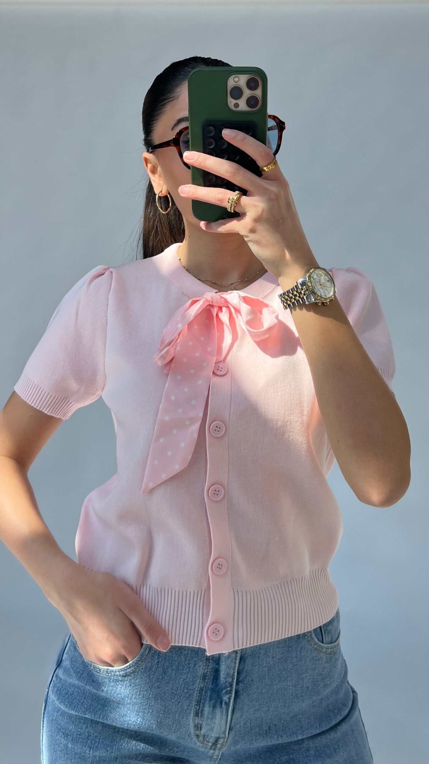 Feinstrick-Cardigan mit Polka-Dot Schleife