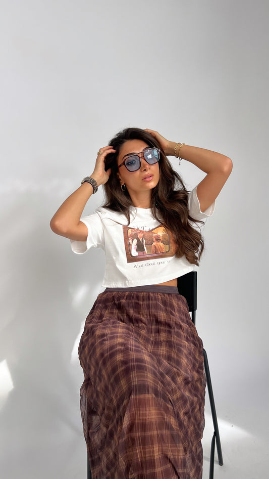 Weißes Crop T-Shirt mit Retro-Print