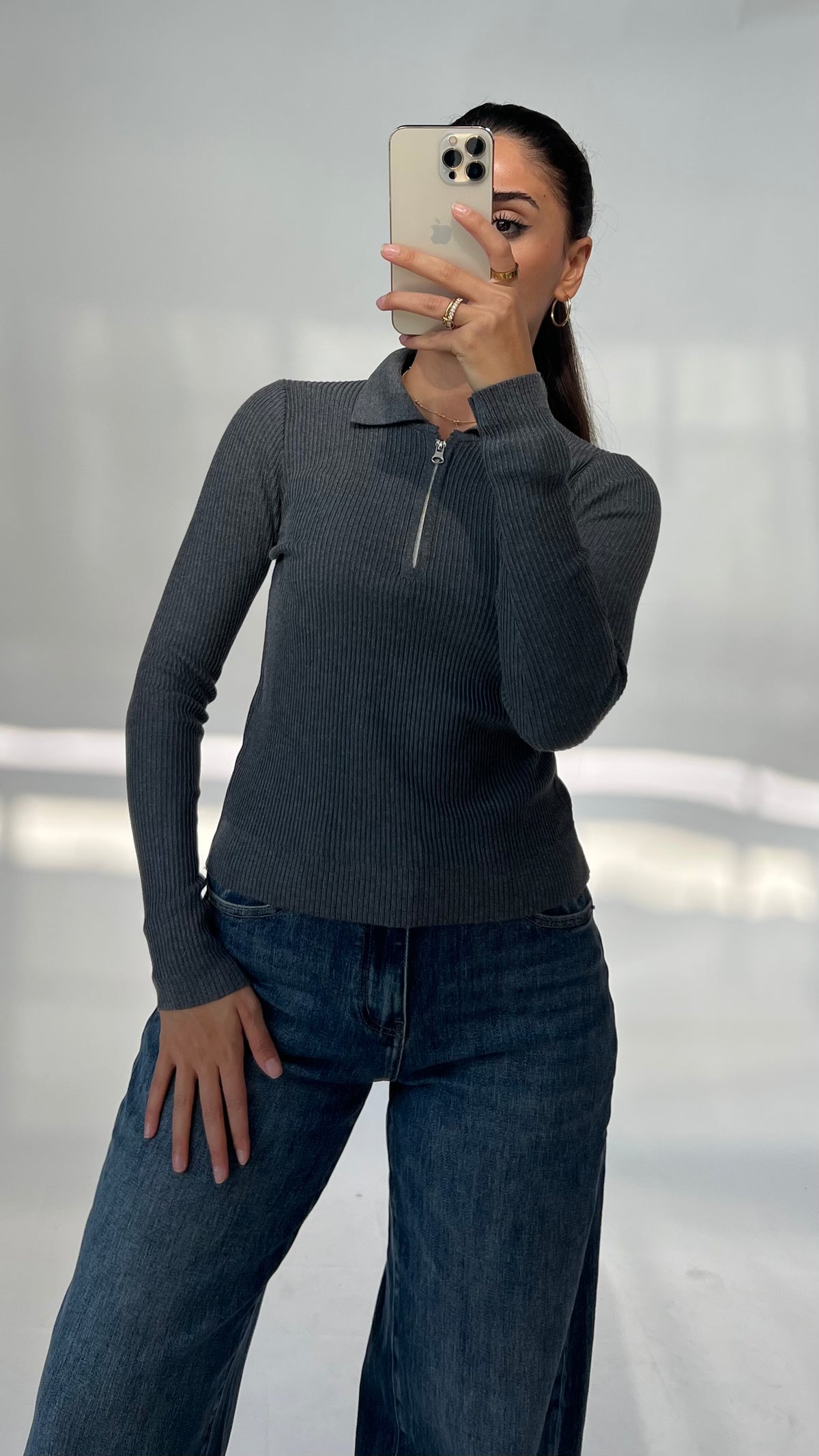 Rippstrick Pullover mit Reißverschluss